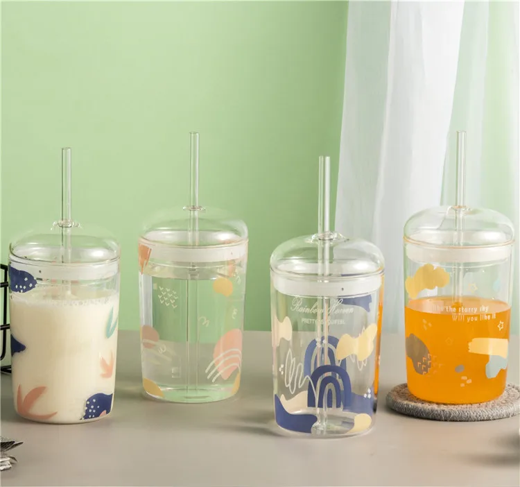 Cup Glass Mug 550ml Fruit Decal Juice Coffee Cup Hot Water High Borosilicate Clear Glass with Glass Lid Luxury Tumbler Mugs