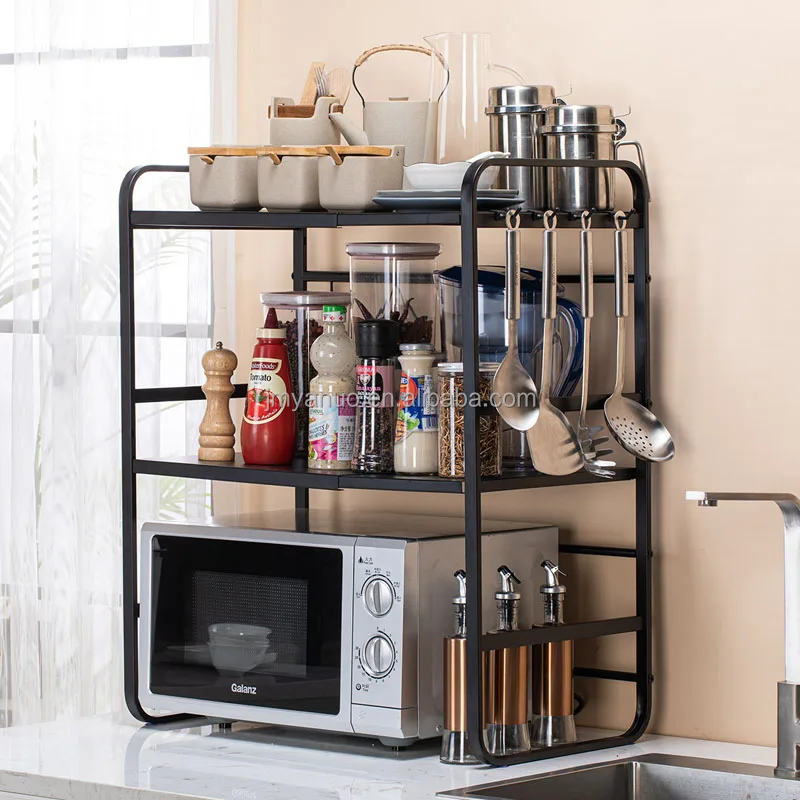 2-Tier Extendable Microwave Oven Rack Adjustable Microwave Toaster Shelf Heavy Duty Stand Kitchen Counter Top Organizer