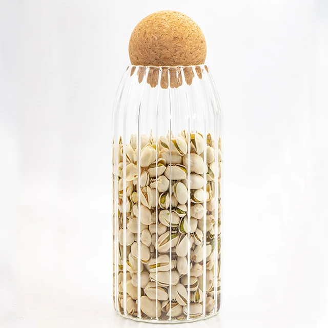 borosilicate glass storage jar with cork top ball handle lid