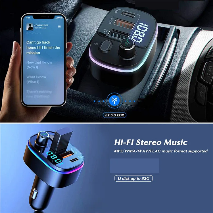  T65 Wireless -Compatible FM Transmitter for Car QC3.0 Type-C PD Fast Charger Radio Adapter Kit with