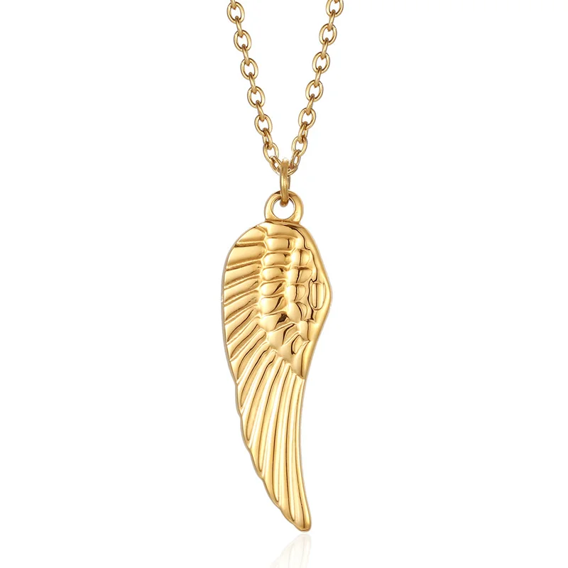 Simple Stainless Steel 18K Gold Feather Angel Wings Charm Pendant Necklace For Men and Women