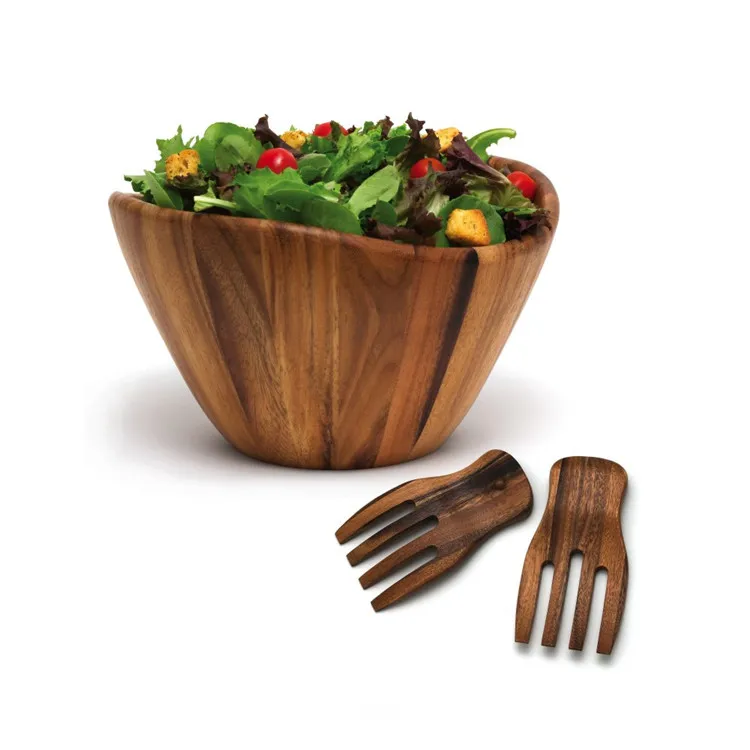 Fashion Design Kitchen Countertop Irregular Shape Wood Brown Wave Bamboo Salad Bowls With Server