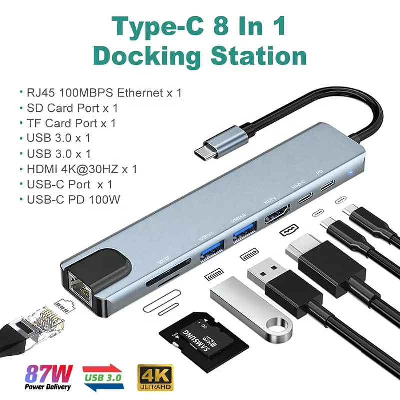 Xput Aluminum Docking Station Type C Hub 8 In 1 USB C Hub USB 3.0 TF SD 100Mbps Ethernet 4K HDMI USB-C Multiport Adapter