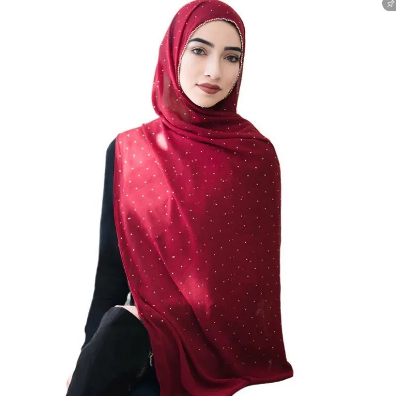 Новый однотонный шифоновый шарф с жемчугом и бриллиантами на весну и лето, длинные шарфы, мусульманский хиджаб, женский шарф, головные турбины 70*180 см