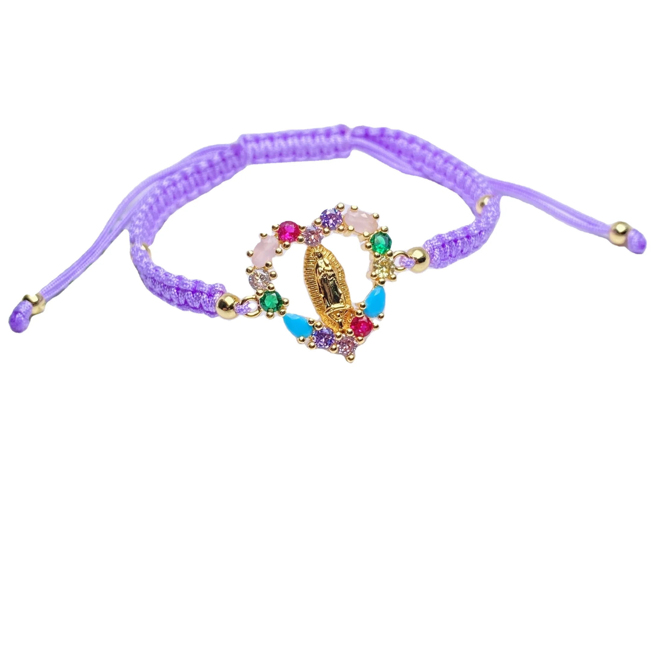 Custom made braided rope bracelet CZ micro pave heart Virgin de Guadalupe Christian Bracelet Religious jewelry bracelets