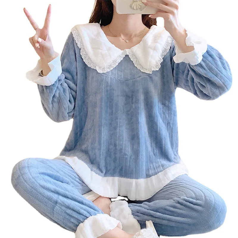 Winter flannel nightgown for lady leisure sweet lace princess style coral velvet home dress set silk pajamas
