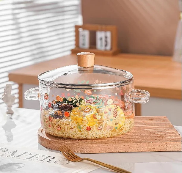 Kitchen cookware cartoon clear glass cooking pot saucepan stew pot with lid and handle