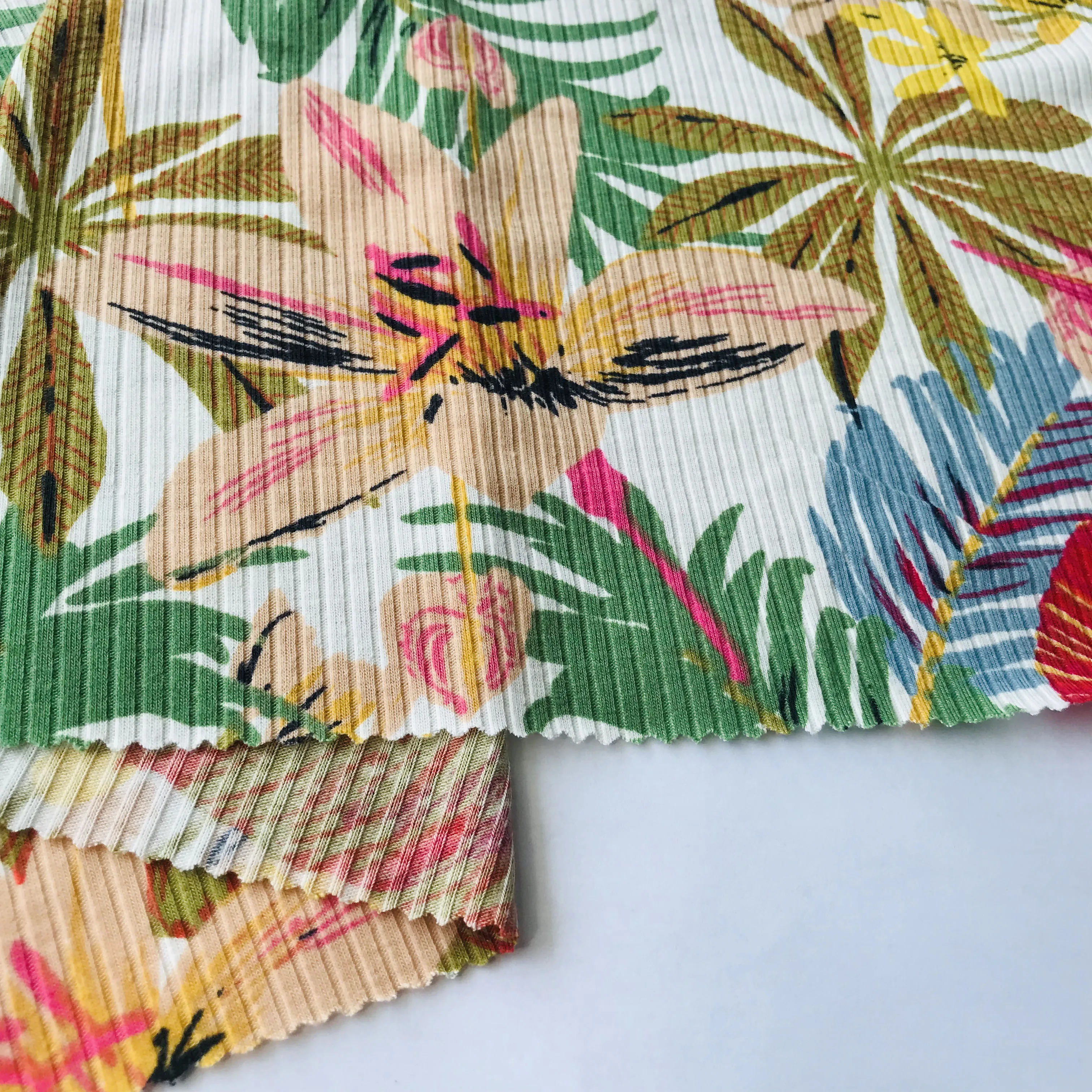 Shaoxing Rib Printed Fabrics Textiles 96%polyester 4%sp 4*2 Screen Printing Free 100% Polyester Weft Knitted Soft Hand Feel **