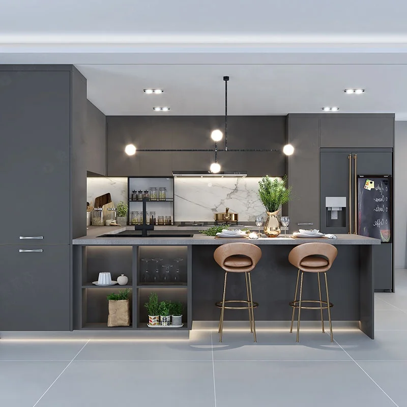 SUOFEIYA High Quality Moduler Designs Gray Glossy Finish Kitchen Cabinets for Prefab Houses