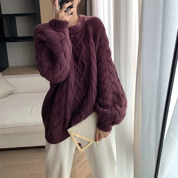 2022 Winter Autumn Chunky Knit Cable Loose Pullover Women Thick Knitted Sweater Knitwear