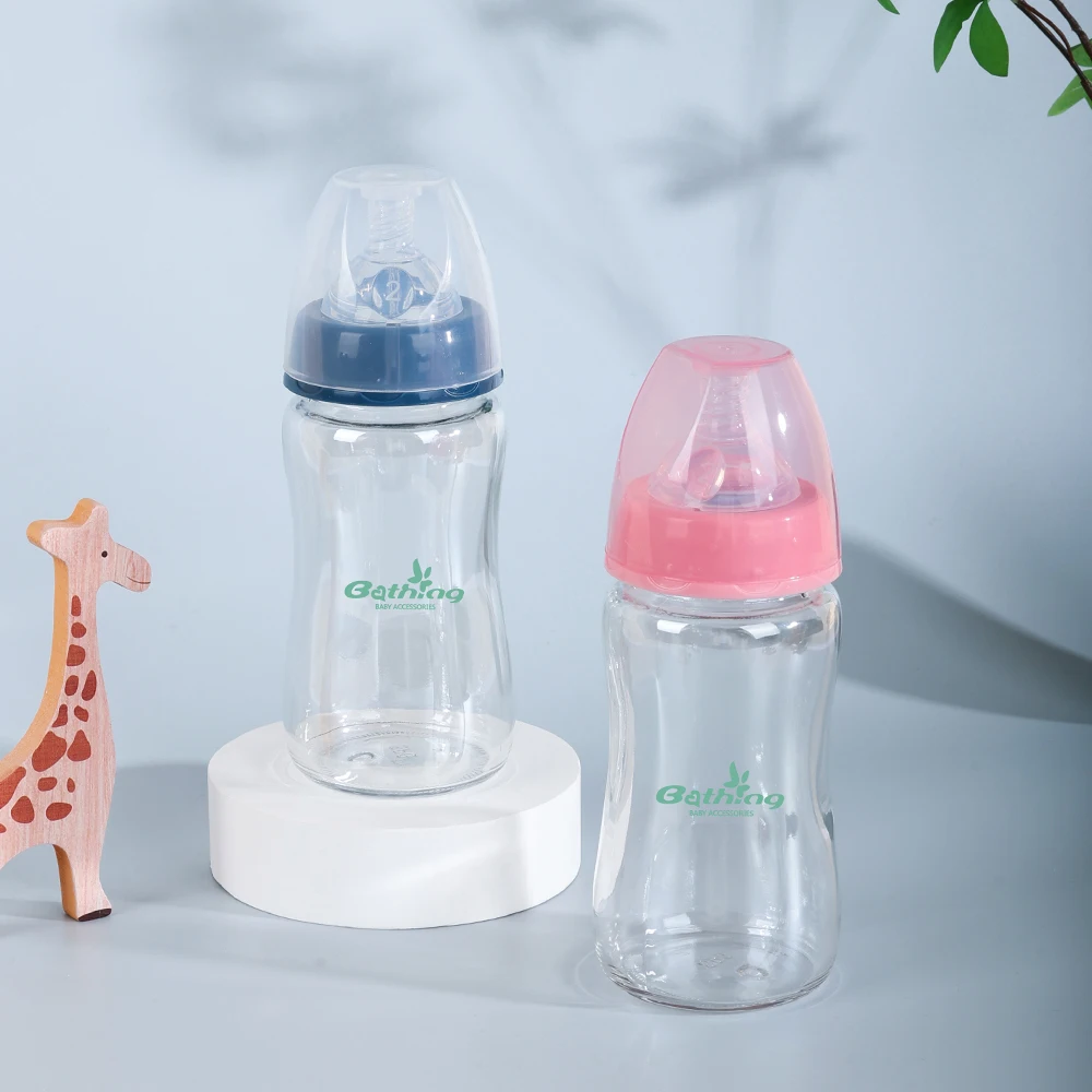 Wholesale BPA Free Travel Compact High Quality Nipples Bottle 250ml Wide Neck Newborn Baby Glass Feeding Bottle