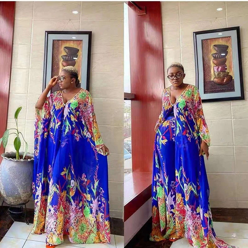 Printed Chiffon Long Cardigan Pants Two Piece Set African Clothes Women Fashion Suit
