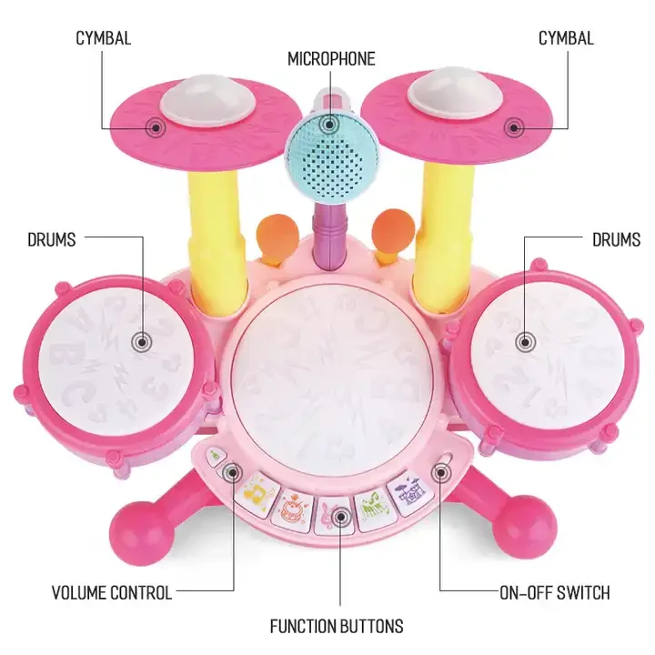 Multi-functional Toddler Kids Jazz Drum Toy Plastic Musical Instrument Electronic Organ Drum Set Music Toy With Microphone Light