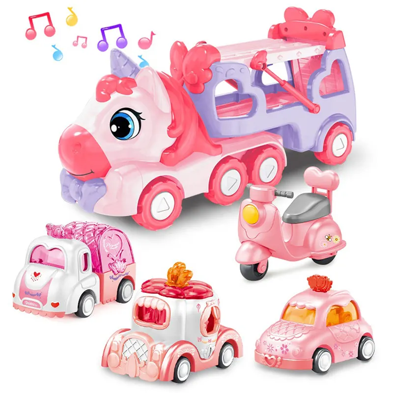 Girls Princess Gifts 5 In 1 Friction Cartoon Truck Unicorn Trailer Cars Motorcycle Transporter Carrier Vehicle Toys For Kids