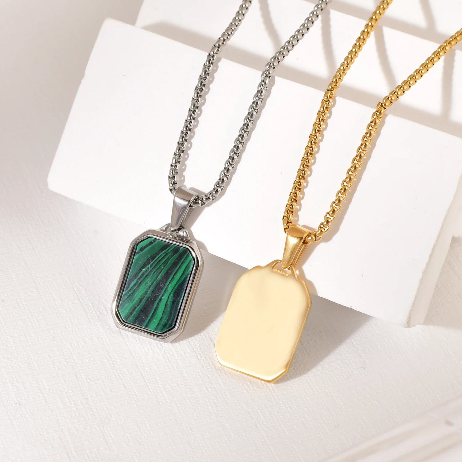 Vintage Gemstone Tiger Eye Black Onyx Malachite Green Pendants 18k Gold Plated Stainless Steel Natural Stone Pendant