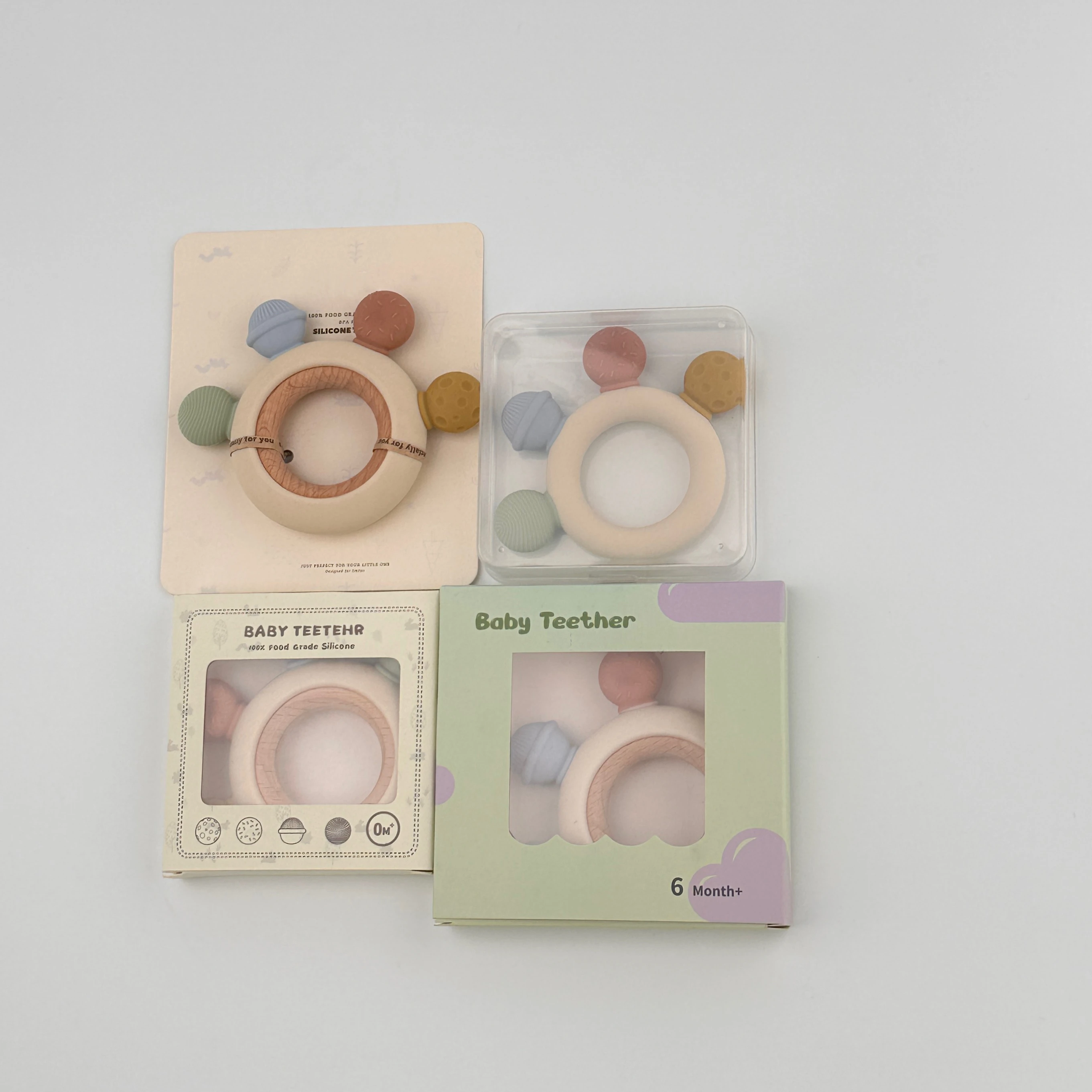 Food grade Beech sensory chew toys baby teething Ring Wooden Teether BPA FREE baby teething toy Silicone teether Baby Teether