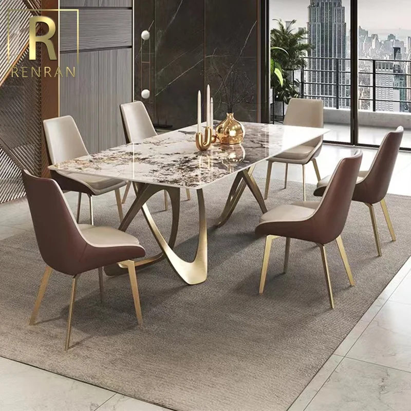 Italian elegant modern luxury tables golden stainless steel leg villa rectangular sintered stone marble top dining table set
