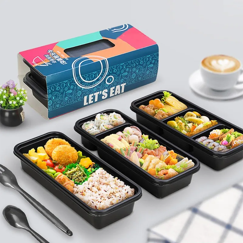 Japanese rectangular food container packaging takeaway bento lunch box 2 3 portion compartment black base containers with lids