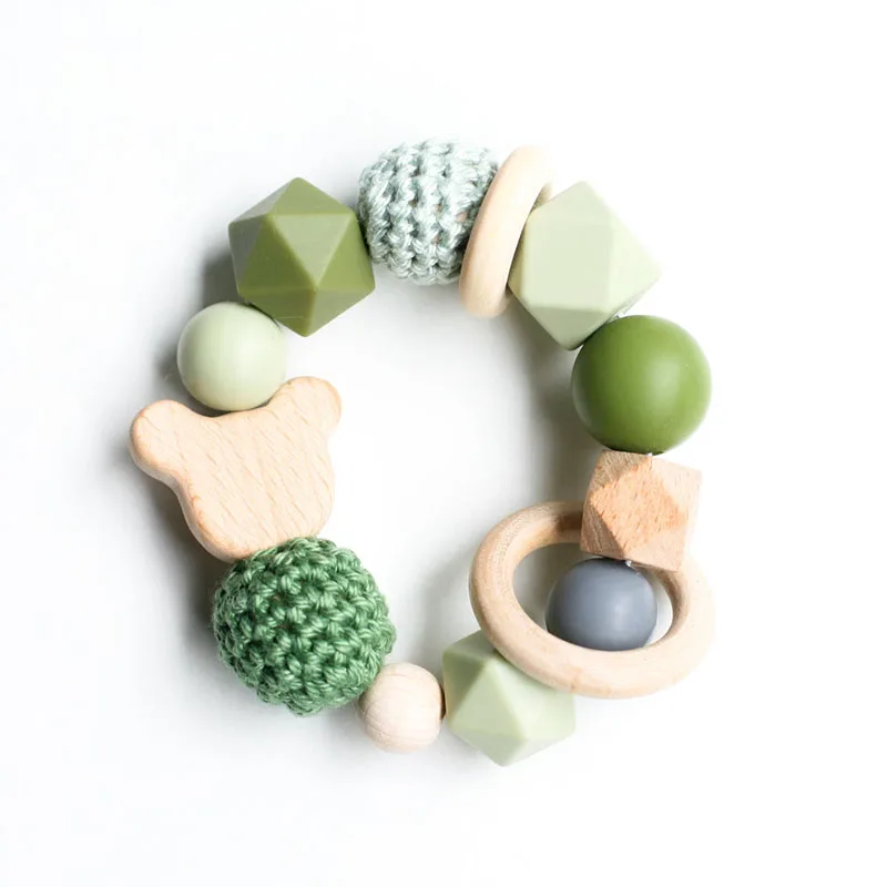 Newborn Baby Crochet Silicone Beads Teething Bracelet With Wooden Animal Leaf Teether Ring