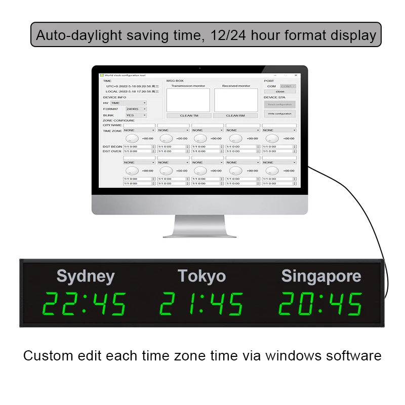 CHEETIE CP034 Wall Mounted LED World Clock Window Software Update City Time Digital Time Zone World Clock