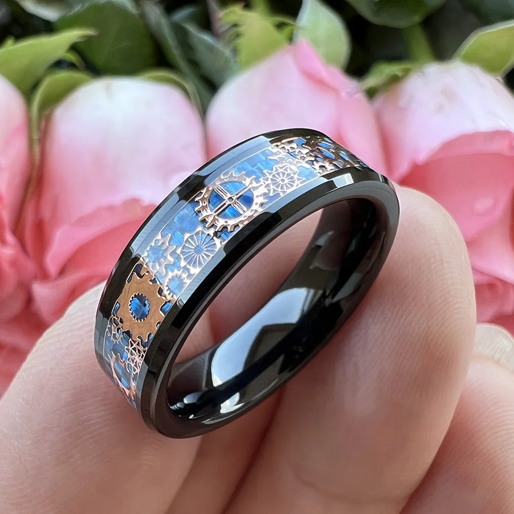 Ювелирные изделия Coolstyle 6 мм черное вольфрамовое кольцо для мужчин и женщин обручальное стимпанк шестеренка инкрустация углеродным волокном удобная