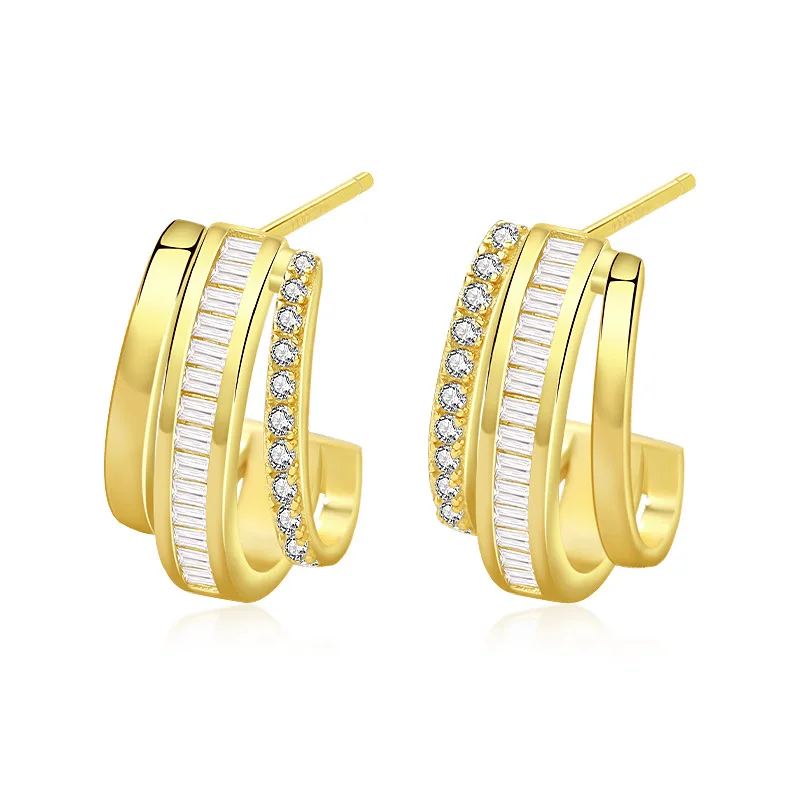 Daidan 925 Sterling Silver Earrings Stud Three Row Zirconia Jewelry Baguette Pave Hoop Gold Plated Earrings