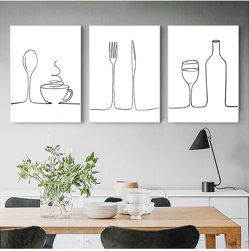 Home Decor Nordic kitchen Style Pictures Print Line Coffee Red Wine Knife Fork  wall art canvas poster painting decor