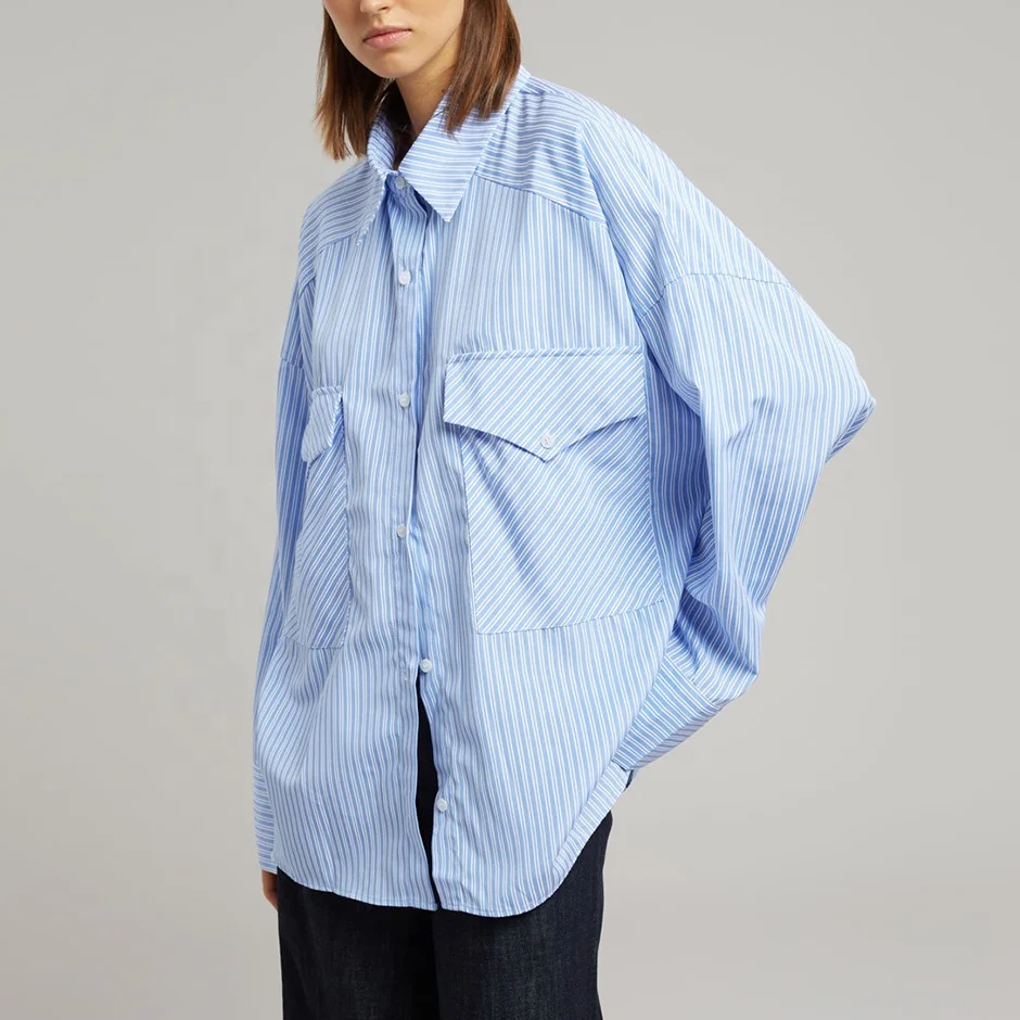 Oversized Stripes 100% Cotton Women Summer OfficIal Long Blouse Shirt Women Tops And Blouses