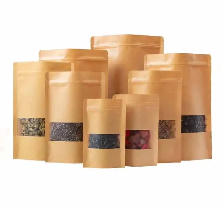 customized recycled stand up pouches dry food packaging brown kraft paper bags with translucent window