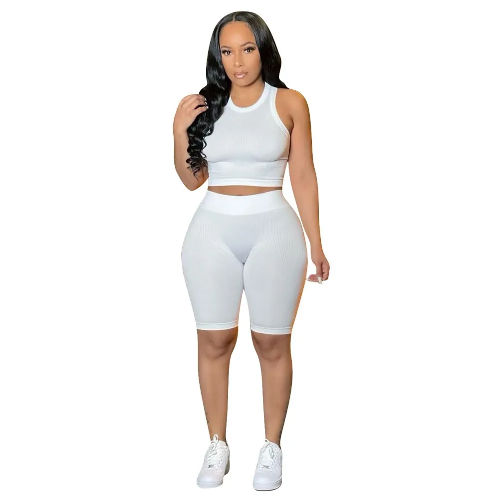 Hot Sales Womans Clothing  2 Piece Biker Short Set Casual Sleeveless Crop Top Shorts Ribbing Two Piece Workout Set Woman