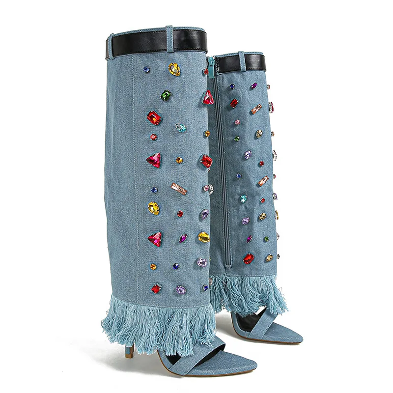 Colorful Diamonds Summer Denim Cowboy boat shoes women boots botas de mujer ladies white leather  other boots women shoes