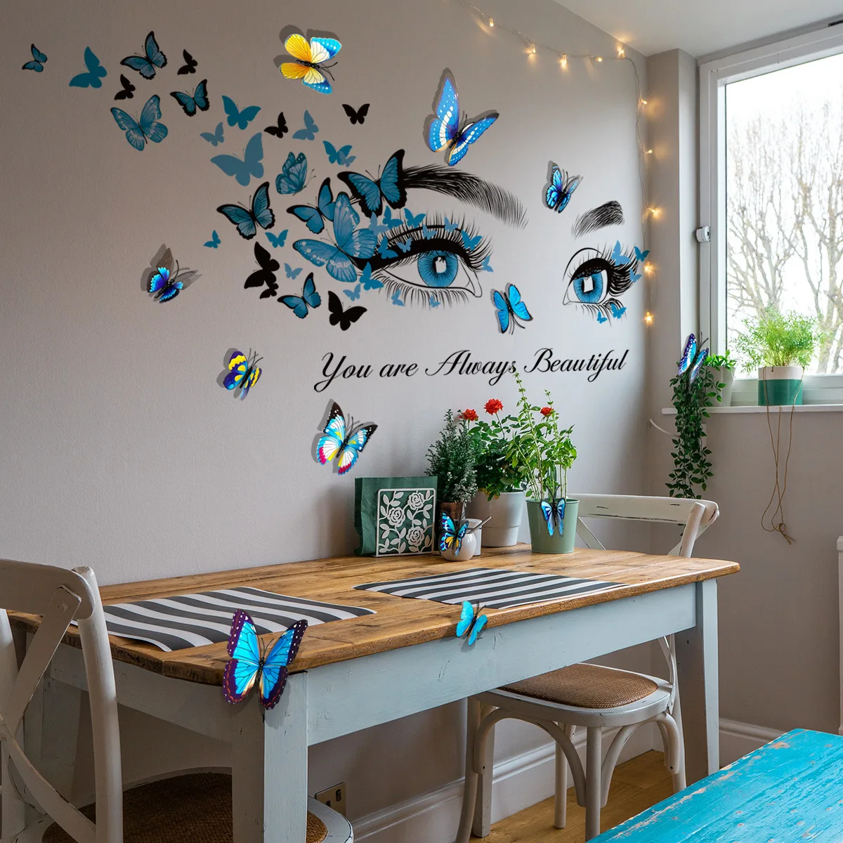 Simple Blue Beauty Eyes Flying Butterfly Wall Stickers Plus 12 3D Blue Butterfly Stickers Decorative Wall Stickers