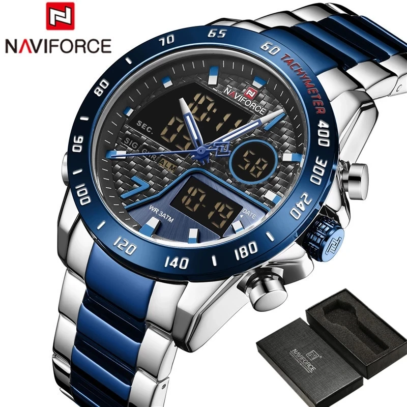 NAVIFORCE NF9171  OEM mens quartz watch latest Stainless steel Strap Luminous double display low moq sports watch set