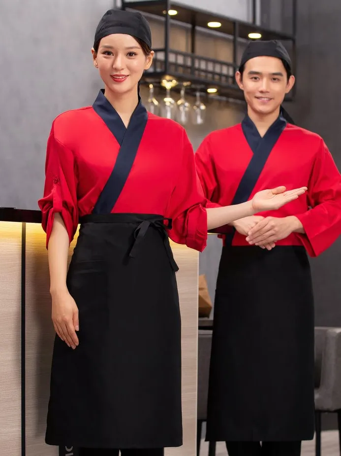 Chef Coat for Men Korean Sushi Restaurant Women Kimono 3/4 Sleeve Chef Uniform Japanese Long Sleeve Autumn and Winter Opp Bag