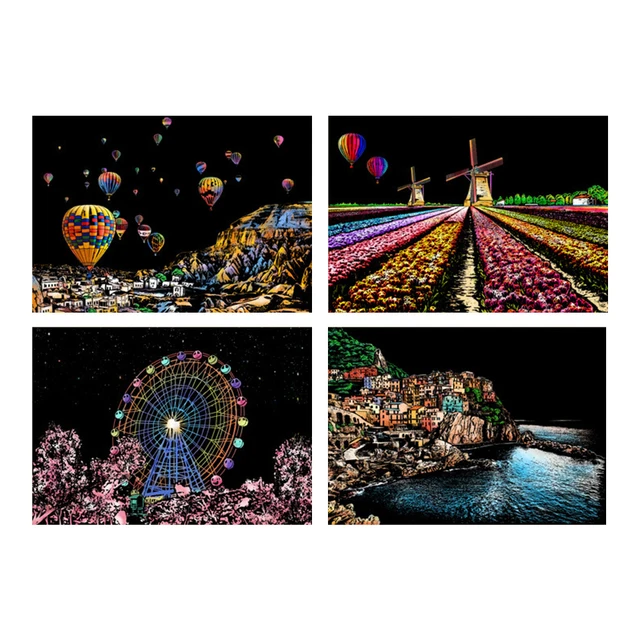 Colorful Magic Scraping Painting DIY Handmade Art Building City Night View Scratch Paper Drawing Board Card