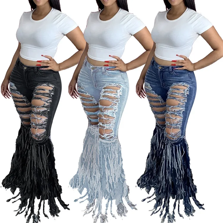 
Trendy Clothing High Waist Hollow Out Jeans Ripped Denim Bell Bottom Jeans With Long Tassel For women 