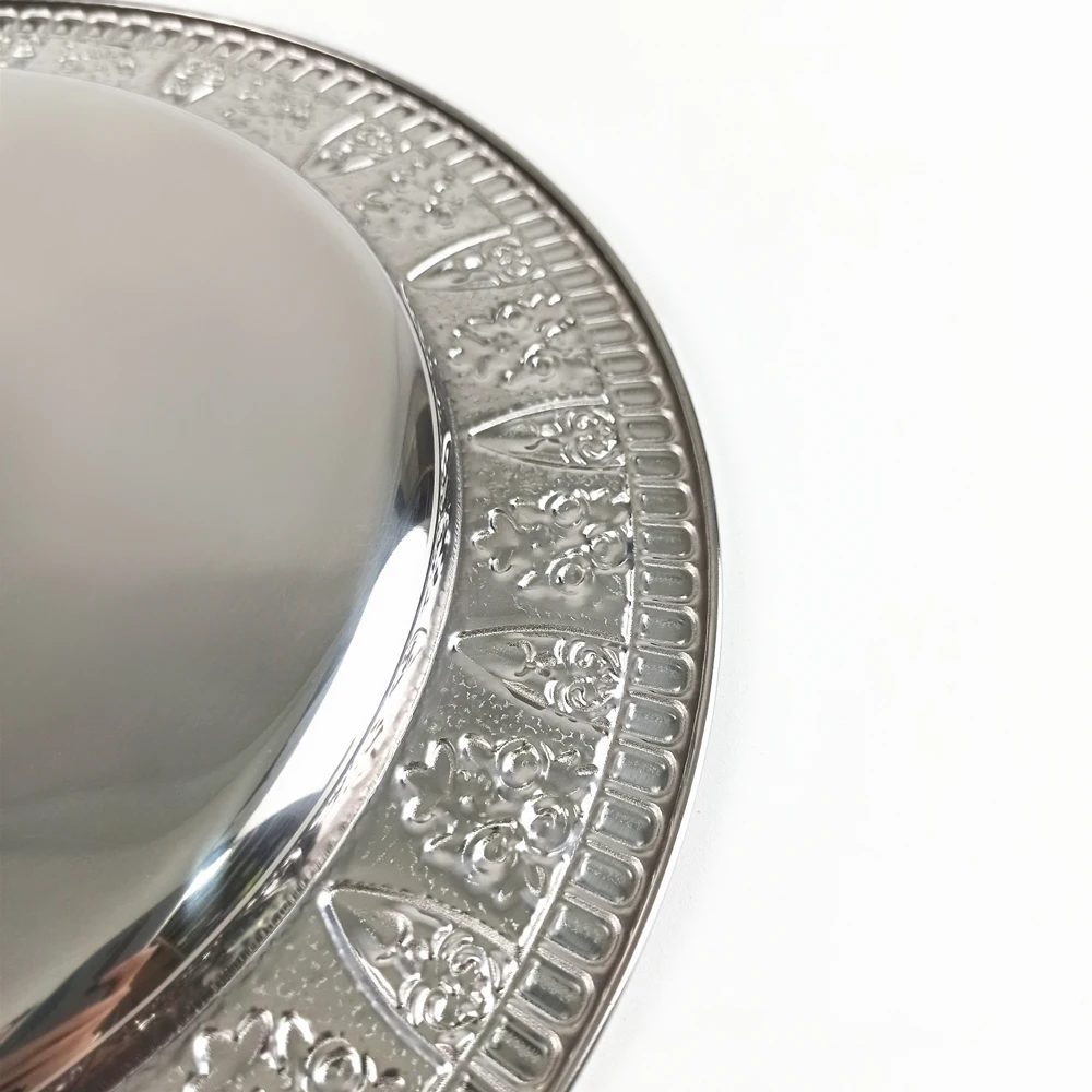 LIHONG 40cm luxury dinner tray stainless steel charger plates silver kitchen round dish serving plate for wedding