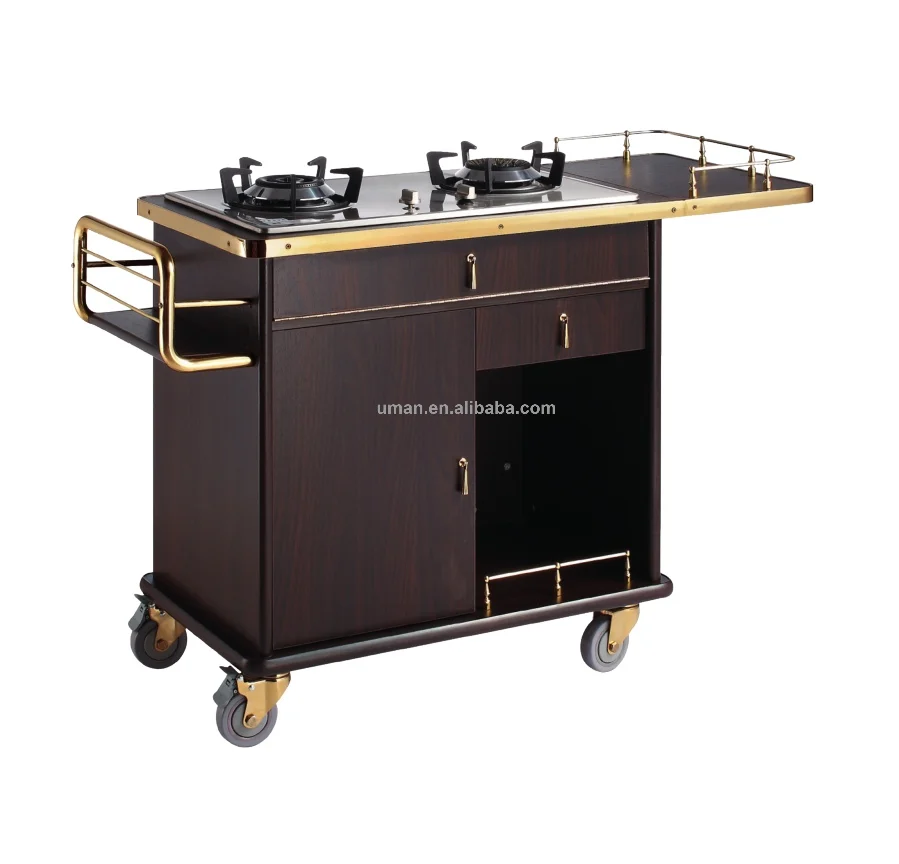 Mobile Hotel Gas Burner Banquet Flambe Trolleys Cooking Carts with Stove