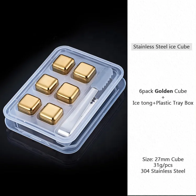 Gold color square reusable ice cubes whiskey gift set stainless steel whiskey stone for drinks
