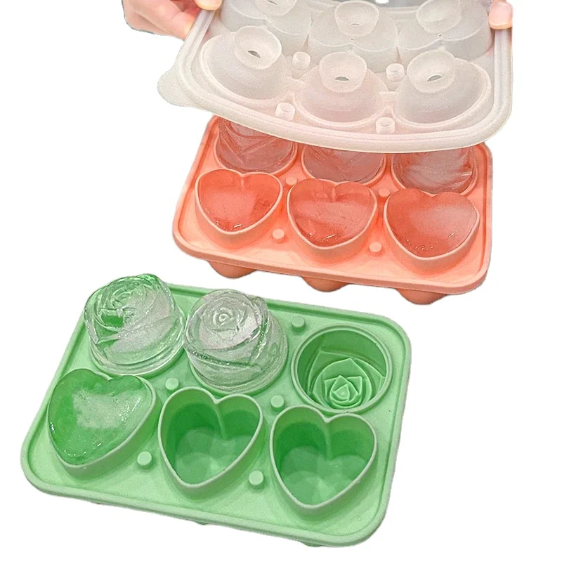 Silicone Ice Cube Tray With Lid 6-chamber Silicone Rose Heart Ice Hockey Machine