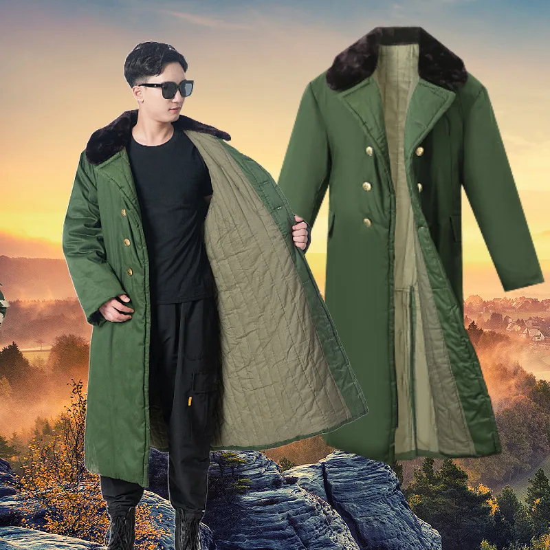 Hot Outdoor Long Coats Jacket Chinese Classic Army Green Overcoat Mens Winter Warm Fur Collar Trench Coat Overgarment