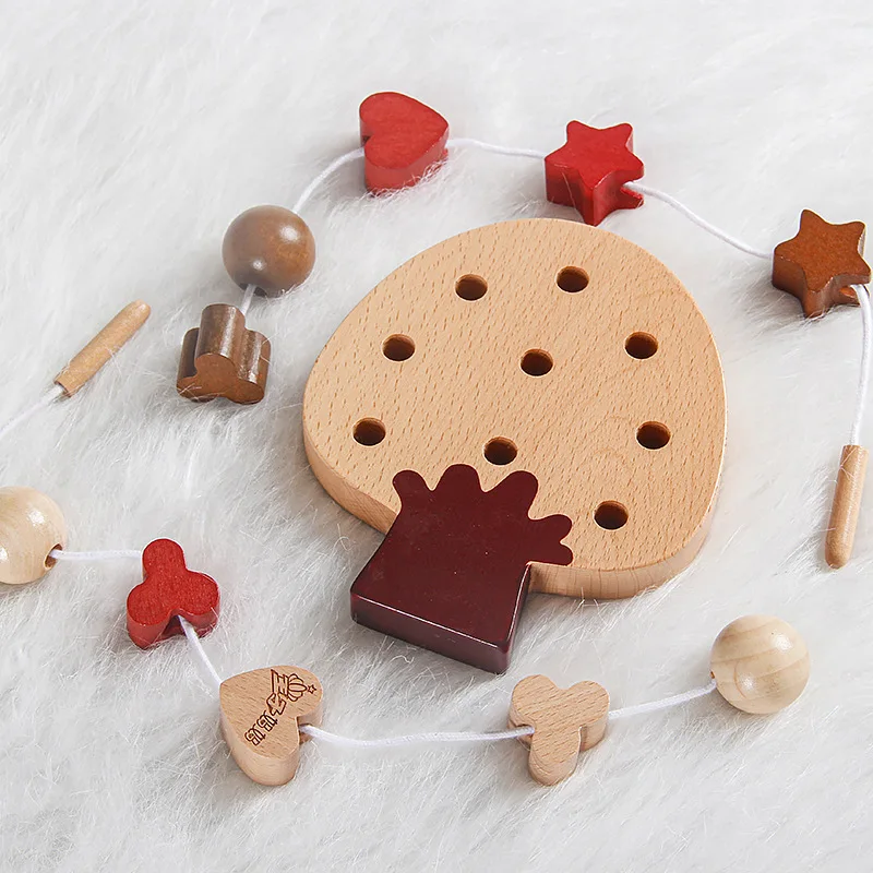 Custom Montessori early learning aids kid wooden threading board toy Montessori threaded rope intellectual building block toy
