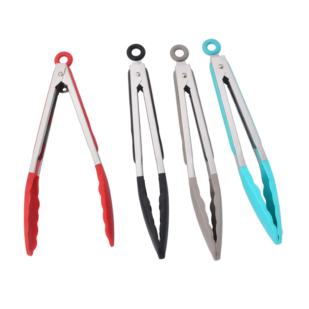 High Quality anti slip stainless steel handle black red locking kitchen tongs silicone food tongs