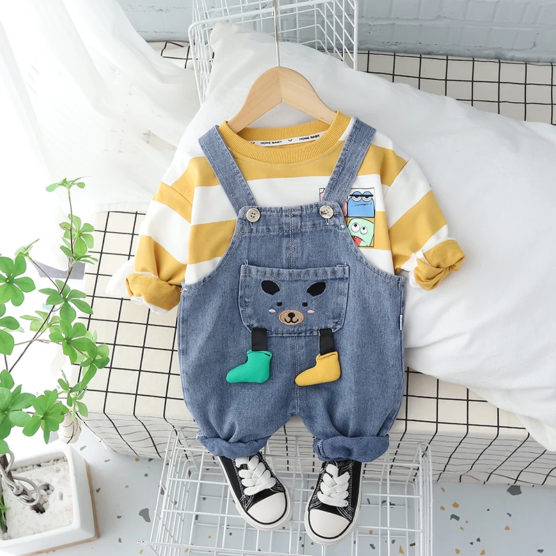 Toddler Kid Boy Girl 2Pcs Clothes Cute T Shirt Long Sleeve Top Suspender Short Jeans Pants