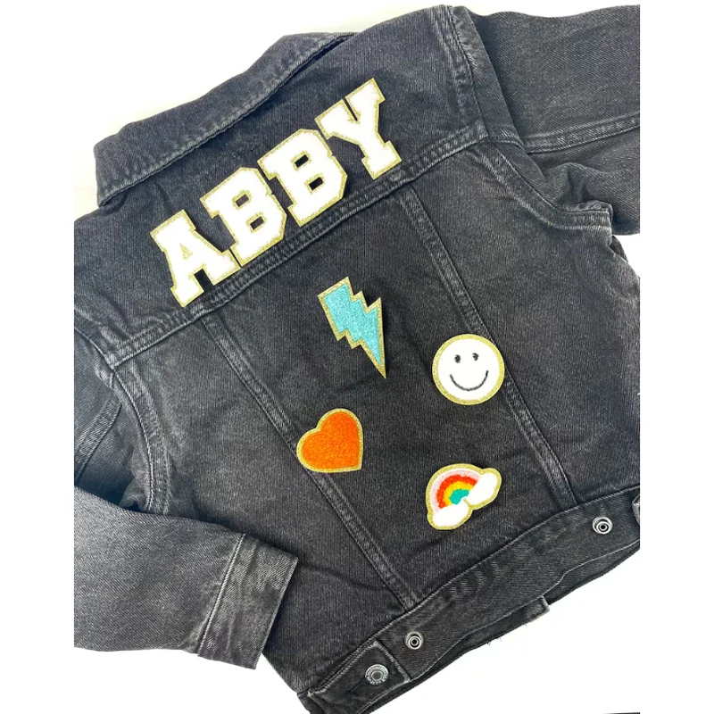 Girls Letter Patch Jean Jacket Personalized Chenille Letter Patch Denim Jacket Custom Chenille Name Jean Jacket