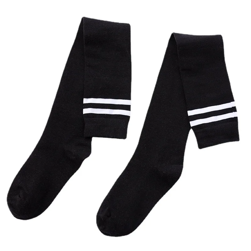 Support Sample Cotton Sweat-Absorbent Korean College Double Stripes Thigh High Socks For Women