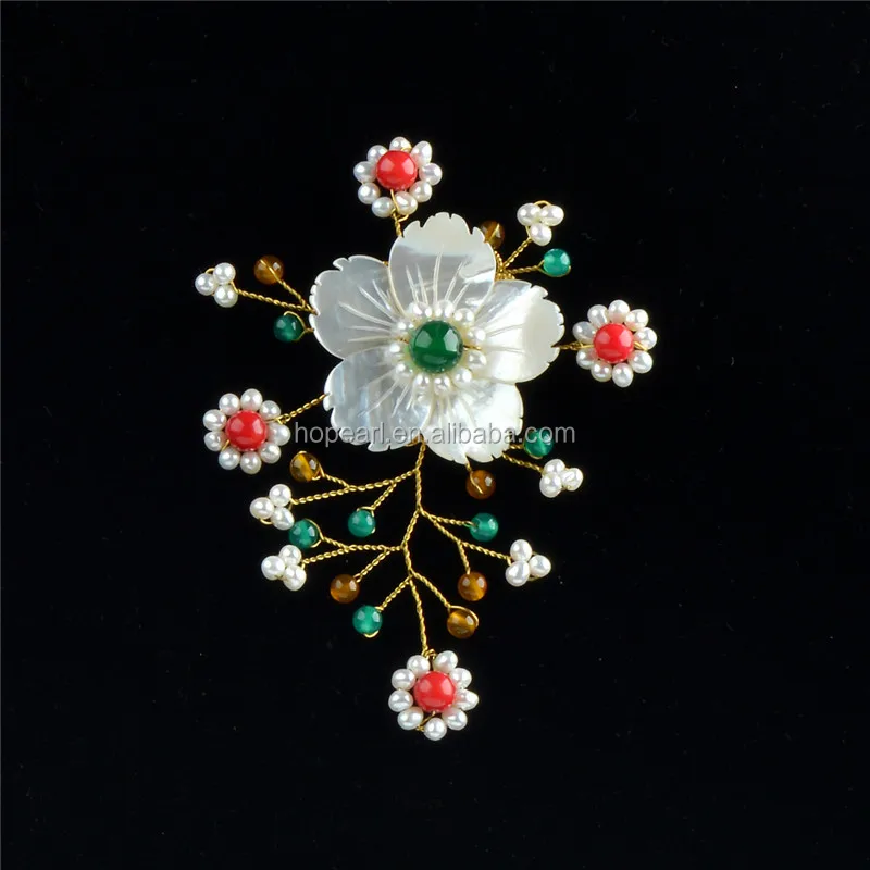 BRH78 Multicolor Stone and Freshwater Pearls Brooches White Natural Shell Handmade Flower Brooch