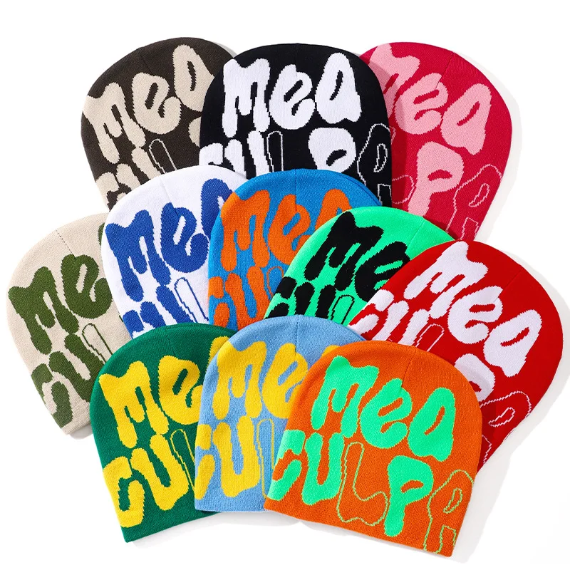 Custom Oversized Knitted Beanies Men Women 100% Acrylic Letter Jacquard Beanie For Winter