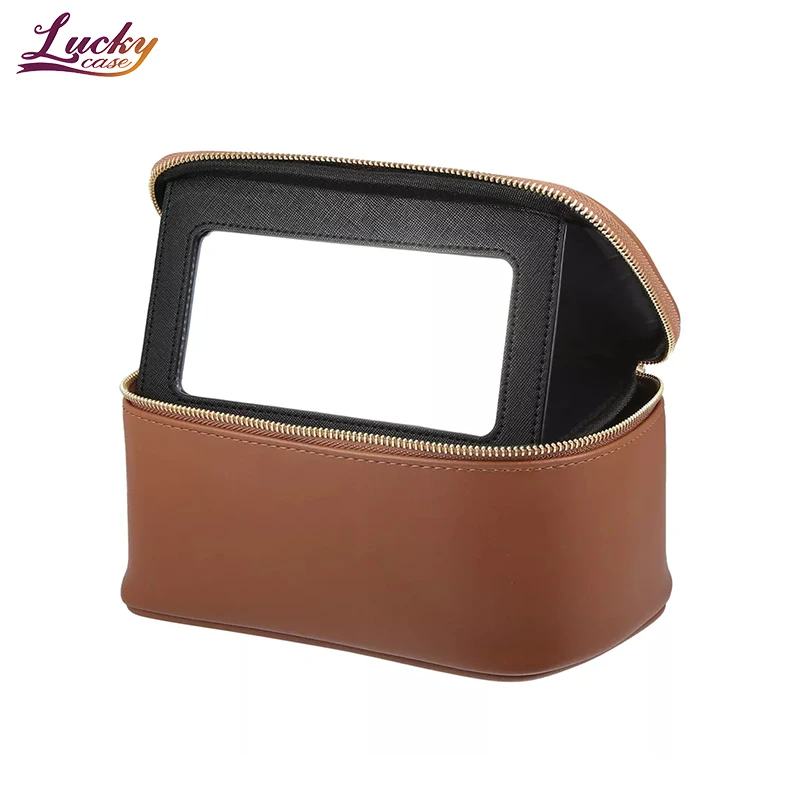 Brown PU Makeup Cosmetic Organizer Bag Large Stylish Travel Toiletry Case with Mirror Custom Beauty Makeup Bag