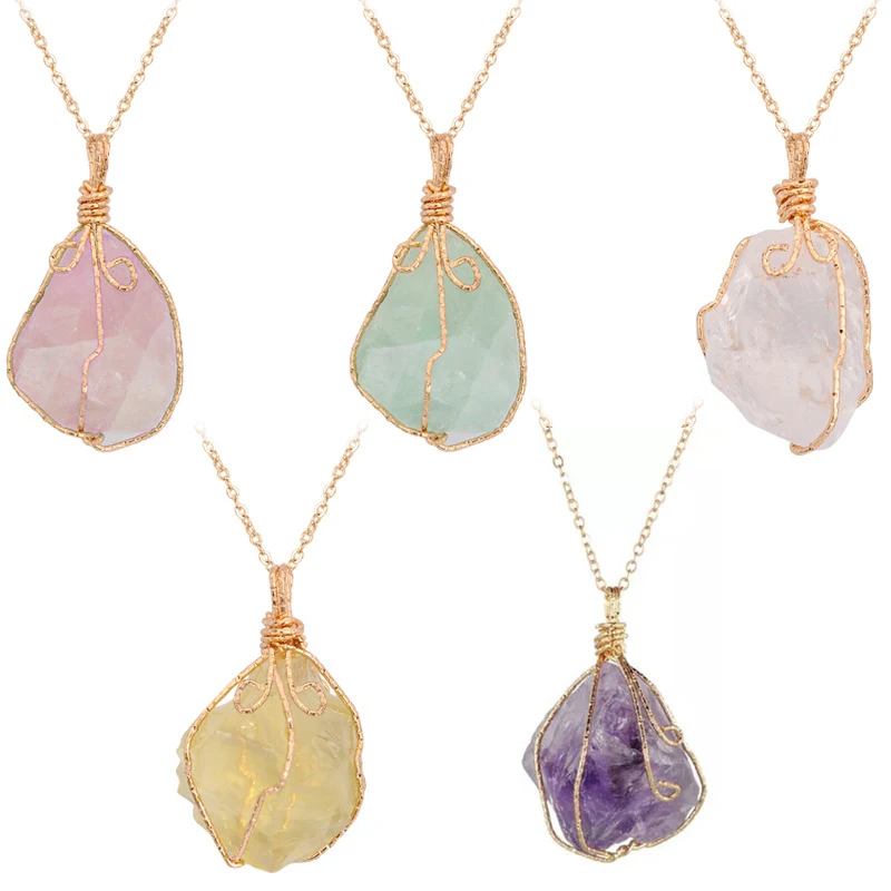 Wholesale Irregular Gemstone Natural Stone Crystals Healing Stones Wire Wrap Rock Raw Clear Rose Quartz Pendant Necklace Jewelry